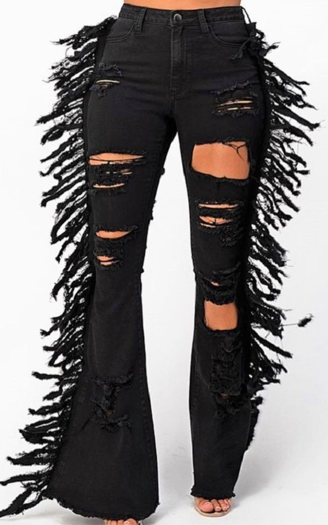 Black Fringed Jeans Reg& Plus