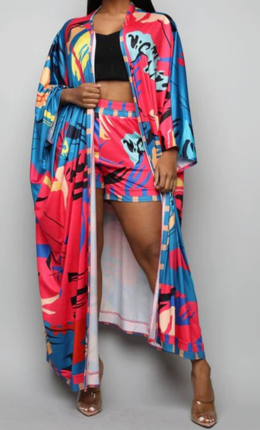 Blue/ Fuchsia Mix Florida Trench Kimono Short Set