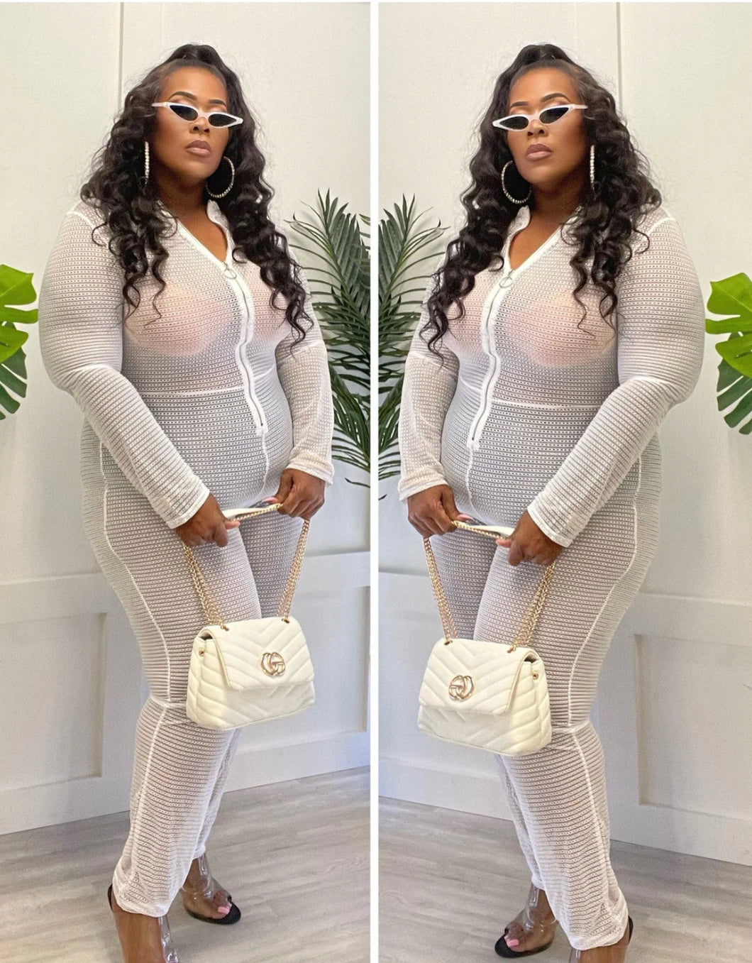 Sexy White Zip-Up Mesh Jumpsuit~Plus