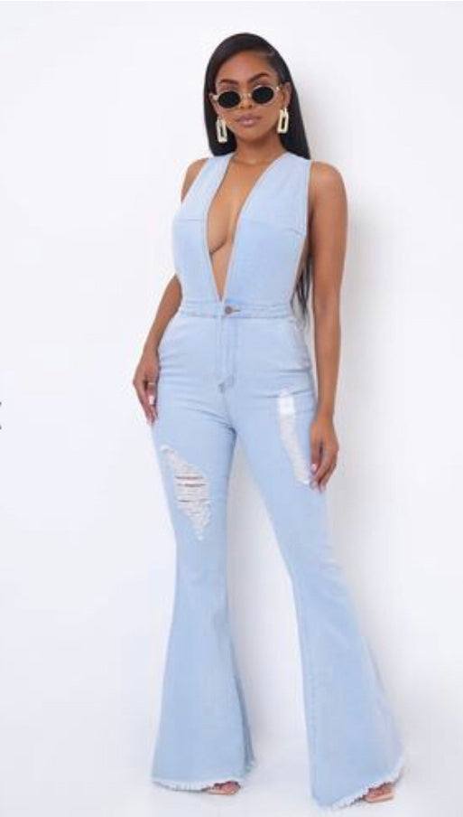 Denim Deep Plunge Jumpsuit