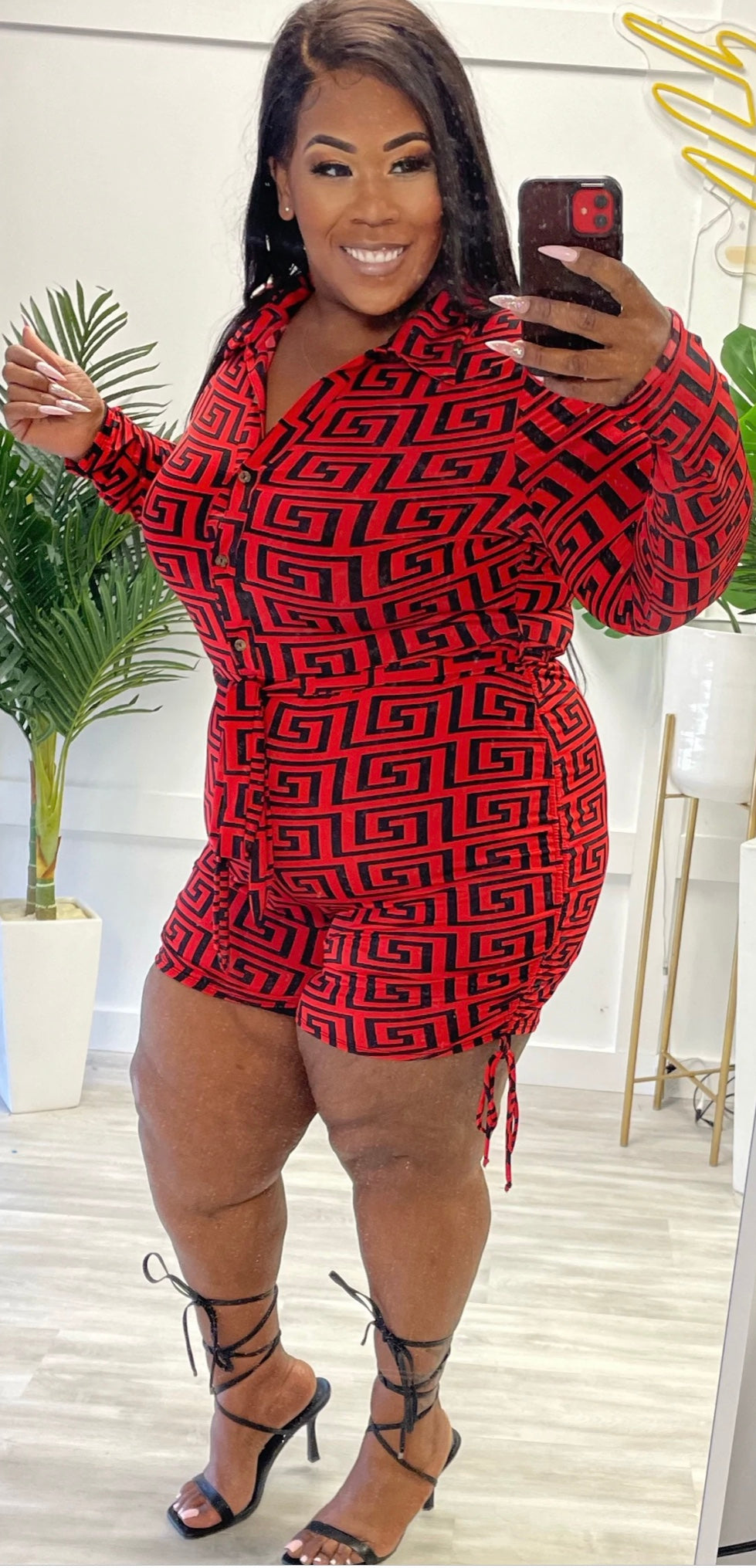 Plus Size Red/Black Geo Pattern Print Belted Romper