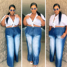 Load image into Gallery viewer, Plus~Denim Chambray Drawstring Wide Leg Pants W/Pockets
