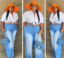 Load image into Gallery viewer, Plus~Denim Chambray Drawstring Wide Leg Pants W/Pockets
