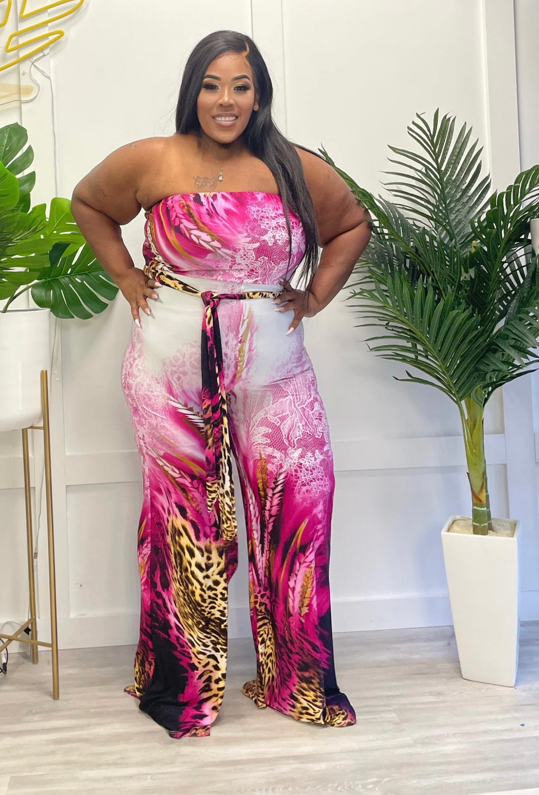 Multi Printed Halter Wide Leg Jumpsuit~Plus